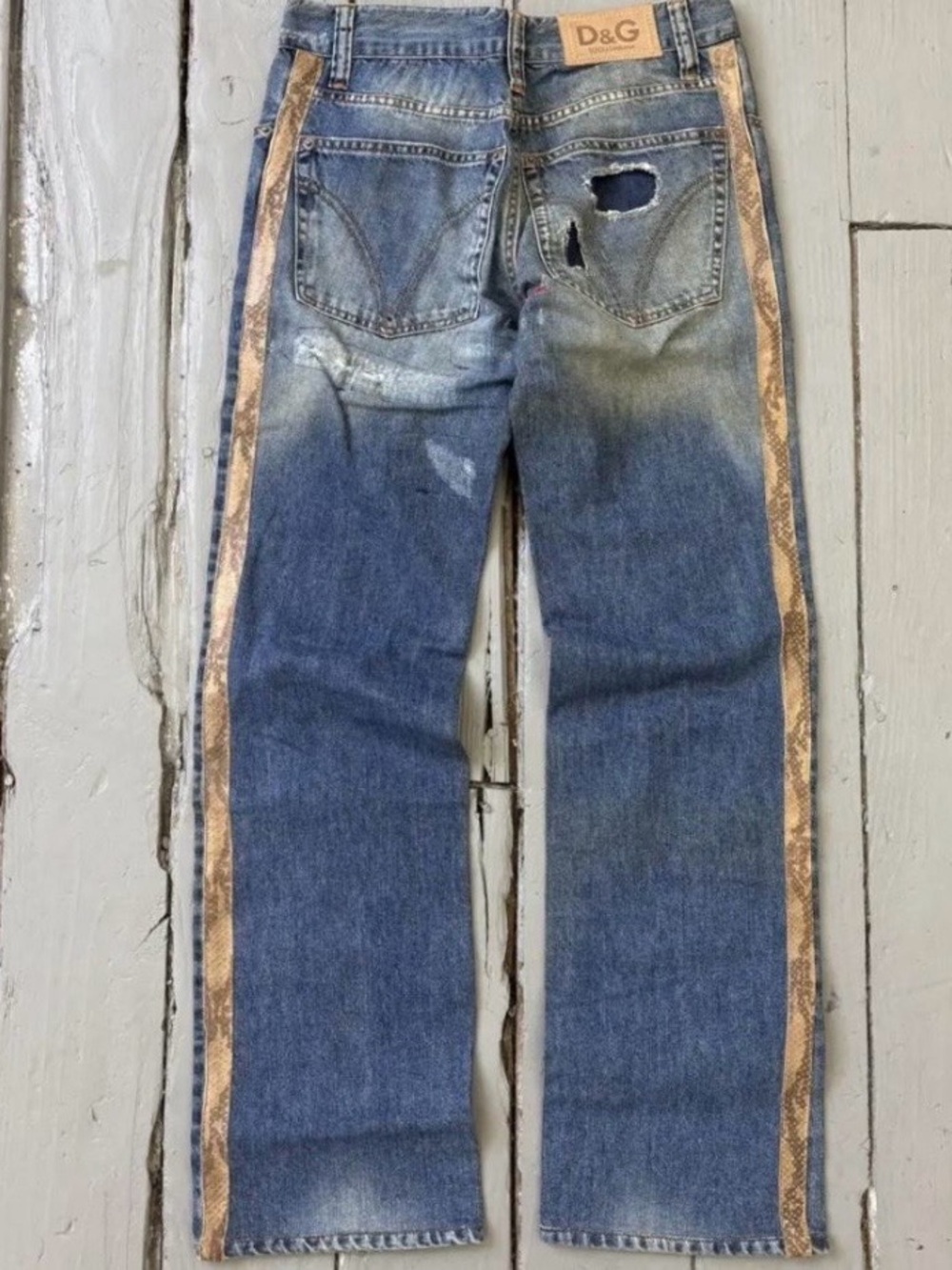Dolce & Gabbana Blue Straight-Leg Jeans with Tan Snake-Print Side Stripes